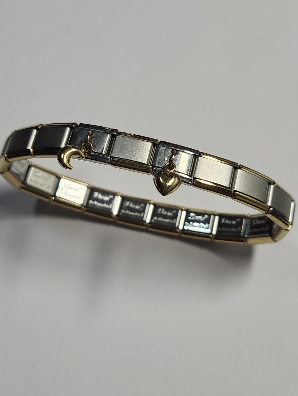 Two-Tone Gold & Silver Italian Charm Stretch Bracelet with Moon and Heart Charms